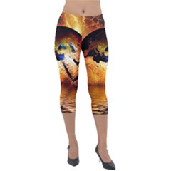 Earth Globe Water Fire Flame Lightweight Velour Capri Leggings 