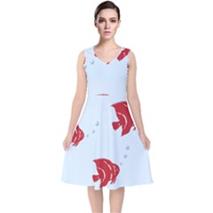 Fish Red Sea Water Swimming V-neck Midi Sleeveless Dress 