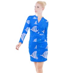 Fish School Bubbles Underwater Sea Button Long Sleeve Dress by HermanTelo