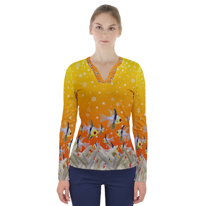 Fish Snow Coral Fairy Tale V-Neck Long Sleeve Top