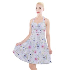 Floral Pink Blue Halter Party Swing Dress 