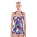 Geometric Blue Violet Pink Boyleg Halter Swimsuit  View1