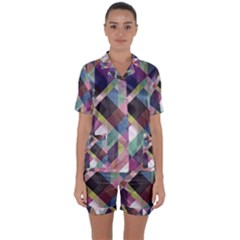 Geometric Blue Violet Pink Satin Short Sleeve Pyjamas Set