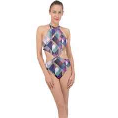 Geometric Blue Violet Pink Halter Side Cut Swimsuit by HermanTelo