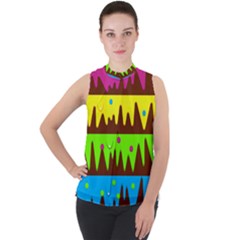 Illustration Abstract Graphic Rainbow Mock Neck Chiffon Sleeveless Top