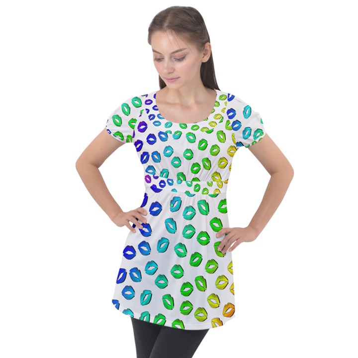 Kiss Mouth Lips Colors Puff Sleeve Tunic Top