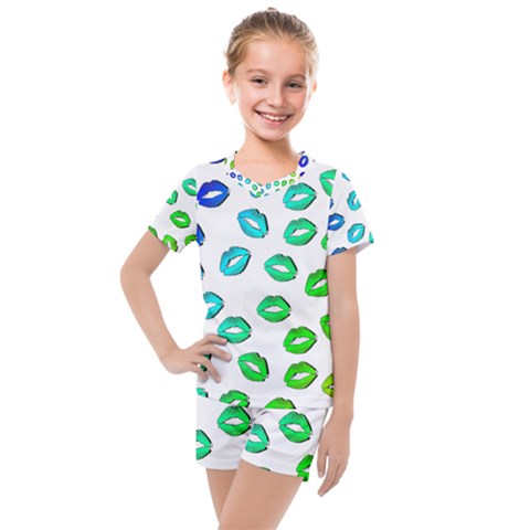 Kiss Mouth Lips Colors Kids  Mesh Tee And Shorts Set by HermanTelo