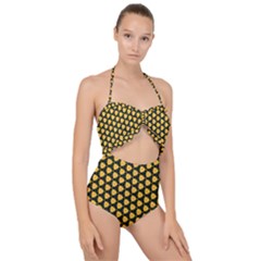 Pattern Halloween Pumpkin Color Yellow Scallop Top Cut Out Swimsuit by HermanTelo