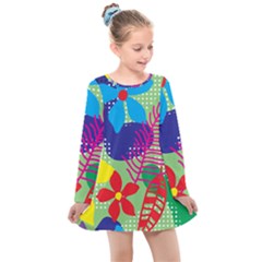 Pattern Leaf Polka Floral Kids  Long Sleeve Dress by HermanTelo
