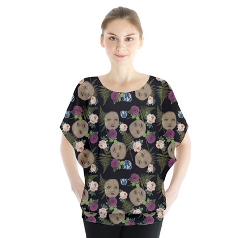 Cracked Doll Pattern Black Batwing Chiffon Blouse by snowwhitegirl