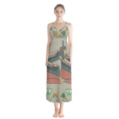 Egyptian Woman Wings Design Button Up Chiffon Maxi Dress by Sapixe