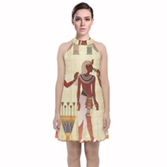 Egyptian Design Man Woman Priest Velvet Halter Neckline Dress  by Sapixe