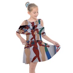 Egypt Fresco Mural Decoration Kids  Shoulder Cutout Chiffon Dress