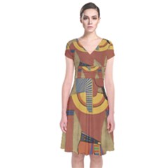 Egyptian Tutunkhamun Pharaoh Design Short Sleeve Front Wrap Dress by Sapixe