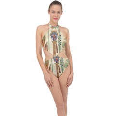 Egyptian Paper Papyrus Hieroglyphs Halter Side Cut Swimsuit by Sapixe