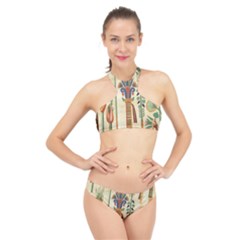 Egyptian Paper Papyrus Hieroglyphs High Neck Bikini Set