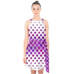 Pattern Square Purple Horizontal Halter Collar Waist Tie Chiffon Dress