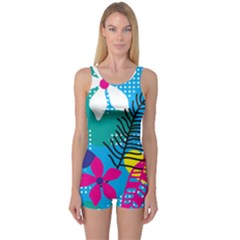 Pattern Leaf Polka Flower One Piece Boyleg Swimsuit