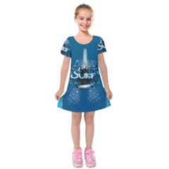 Sport, Surfboard With Water Drops Kids  Short Sleeve Velvet Dress by FantasyWorld7