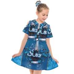 Sport, Surfboard With Water Drops Kids  Short Sleeve Shirt Dress