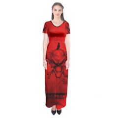 Awesome Creepy Skull With Crowm In Red Colors Short Sleeve Maxi Dress by FantasyWorld7