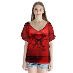 Awesome Creepy Skull With Crowm In Red Colors V-neck Flutter Sleeve Top by FantasyWorld7