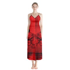 Awesome Creepy Skull With Crowm In Red Colors Button Up Chiffon Maxi Dress by FantasyWorld7