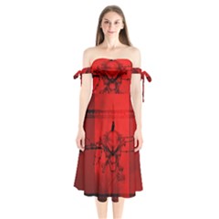 Awesome Creepy Skull With Crowm In Red Colors Shoulder Tie Bardot Midi Dress by FantasyWorld7