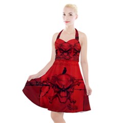 Awesome Creepy Skull With Crowm In Red Colors Halter Party Swing Dress  by FantasyWorld7