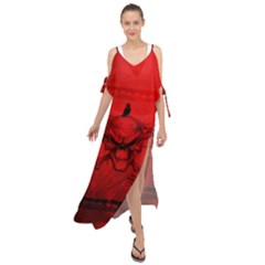 Awesome Creepy Skull With Crowm In Red Colors Maxi Chiffon Cover Up Dress by FantasyWorld7