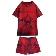 Awesome Creepy Skull With Crowm In Red Colors Kids  Swim Tee And Shorts Set by FantasyWorld7