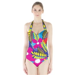 Pattern Leaf Polka Rainbow Halter Swimsuit by HermanTelo