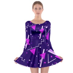 Purple Blue Geometric Pattern Long Sleeve Skater Dress