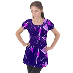 Purple Blue Geometric Pattern Puff Sleeve Tunic Top by HermanTelo