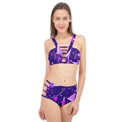 Purple Blue Geometric Pattern Cage Up Bikini Set