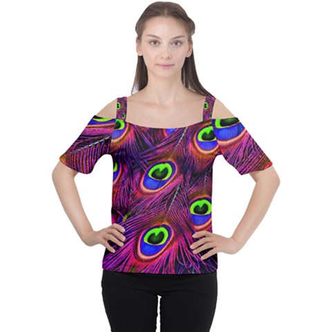 Peacock Feathers Color Plumage Cutout Shoulder Tee by HermanTelo