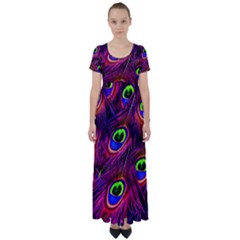 Peacock Feathers Color Plumage High Waist Short Sleeve Maxi Dress by HermanTelo