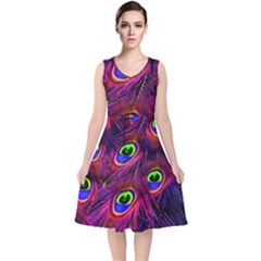 Peacock Feathers Color Plumage V-neck Midi Sleeveless Dress 