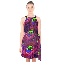 Peacock Feathers Color Plumage Halter Collar Waist Tie Chiffon Dress by HermanTelo