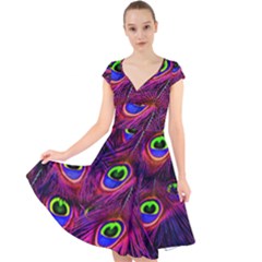 Peacock Feathers Color Plumage Cap Sleeve Front Wrap Midi Dress by HermanTelo