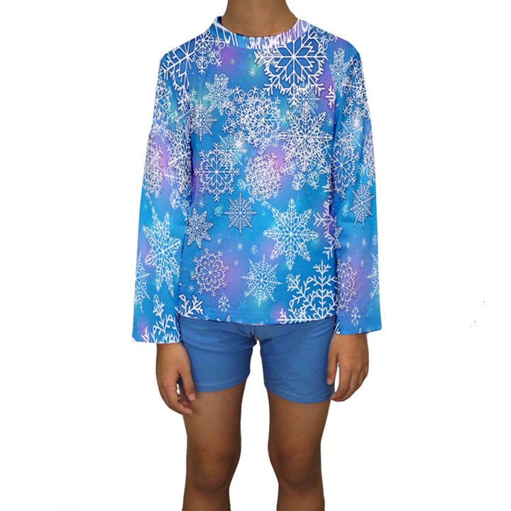 Snowflake Background Blue Purple Kids  Long Sleeve Swimwear