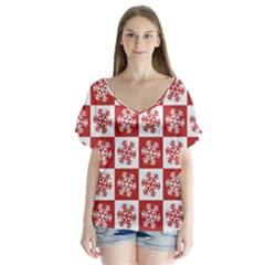 Snowflake Red White V-Neck Flutter Sleeve Top