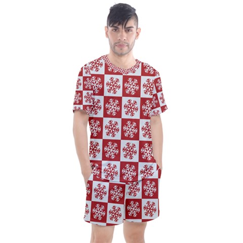 Snowflake Red White Men s Mesh Tee And Shorts Set by HermanTelo