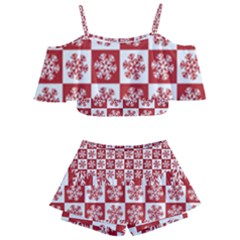 Snowflake Red White Kids  Off Shoulder Skirt Bikini