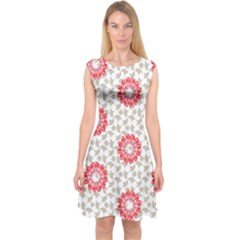Stamping Pattern Red Capsleeve Midi Dress
