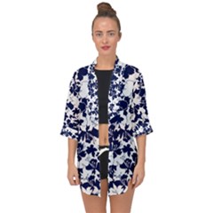 Navy & White Floral Design Open Front Chiffon Kimono by WensdaiAmbrose