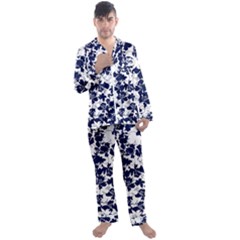 Navy & White Floral Design Men s Satin Pajamas Long Pants Set