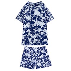 Navy & White Floral Design Kids  Swim Tee And Shorts Set by WensdaiAmbrose