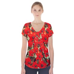 Columbus Commons Red Tulips Short Sleeve Front Detail Top by Riverwoman