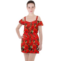 Columbus Commons Red Tulips Ruffle Cut Out Chiffon Playsuit by Riverwoman